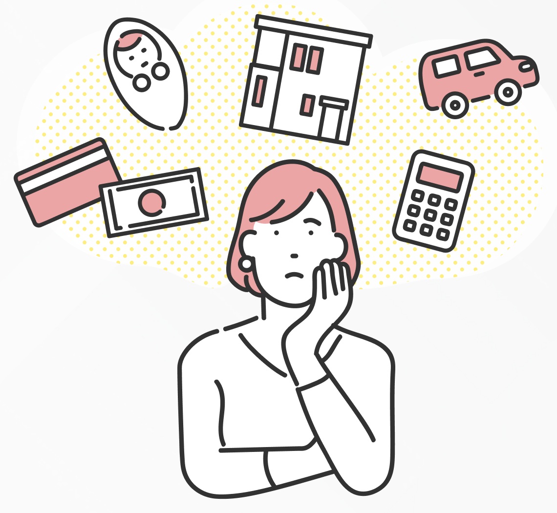 お金・住まい・車など、暮らしのお金に頭を悩ませる女性のイラスト