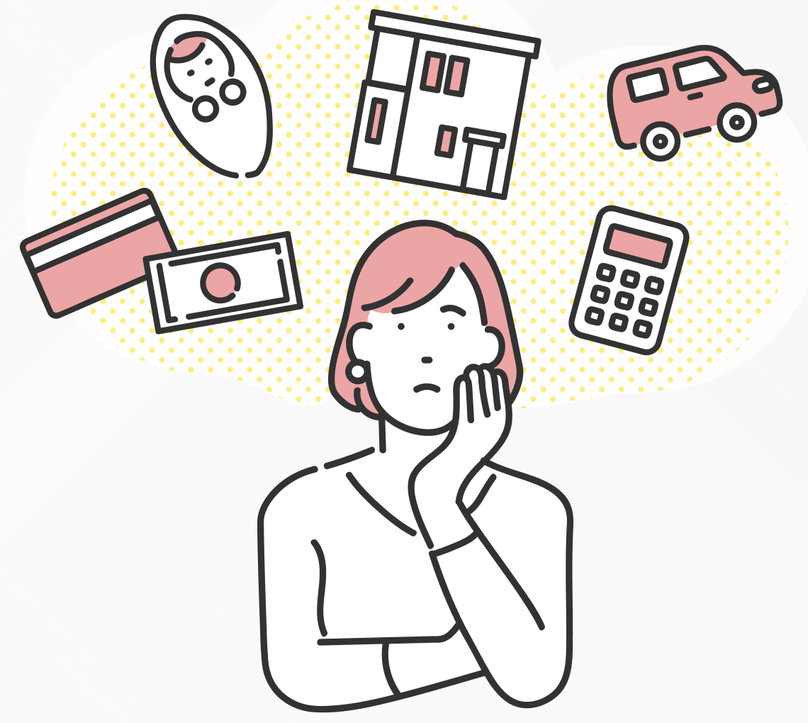 お金・住まい・車など、暮らしのお金に頭を悩ませる女性のイラスト