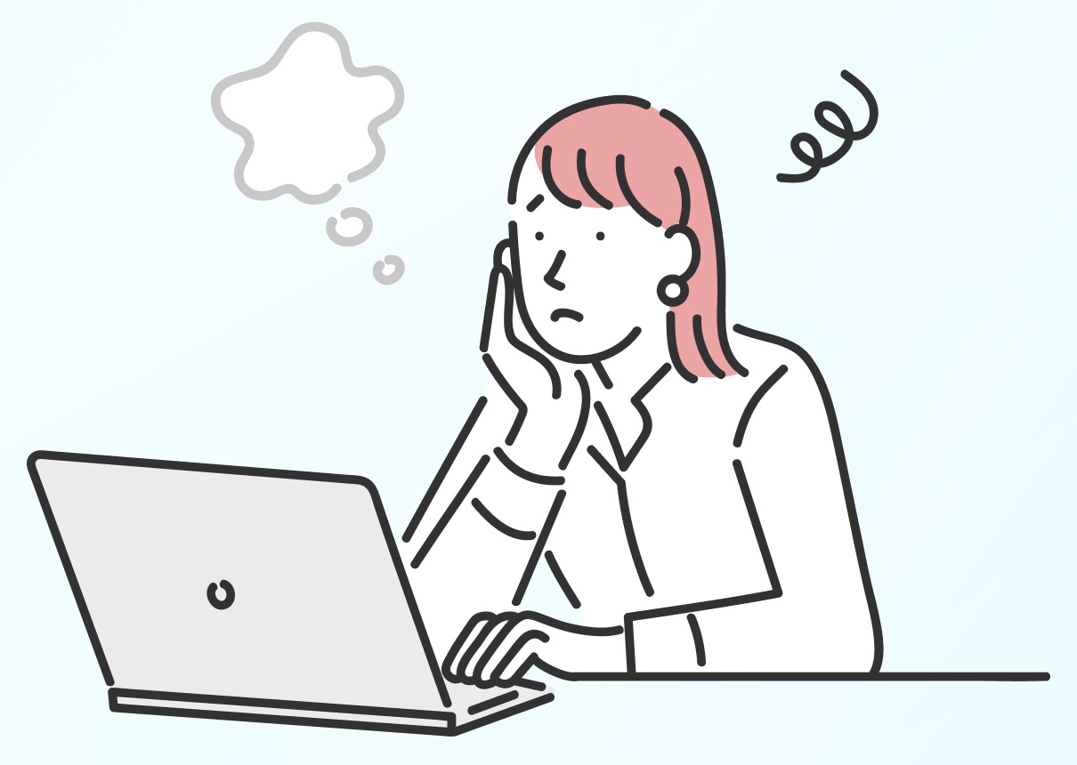 パソコンの前で悩む女性のイラスト