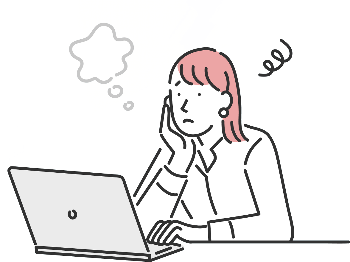 パソコンの前で悩む女性のイラスト
